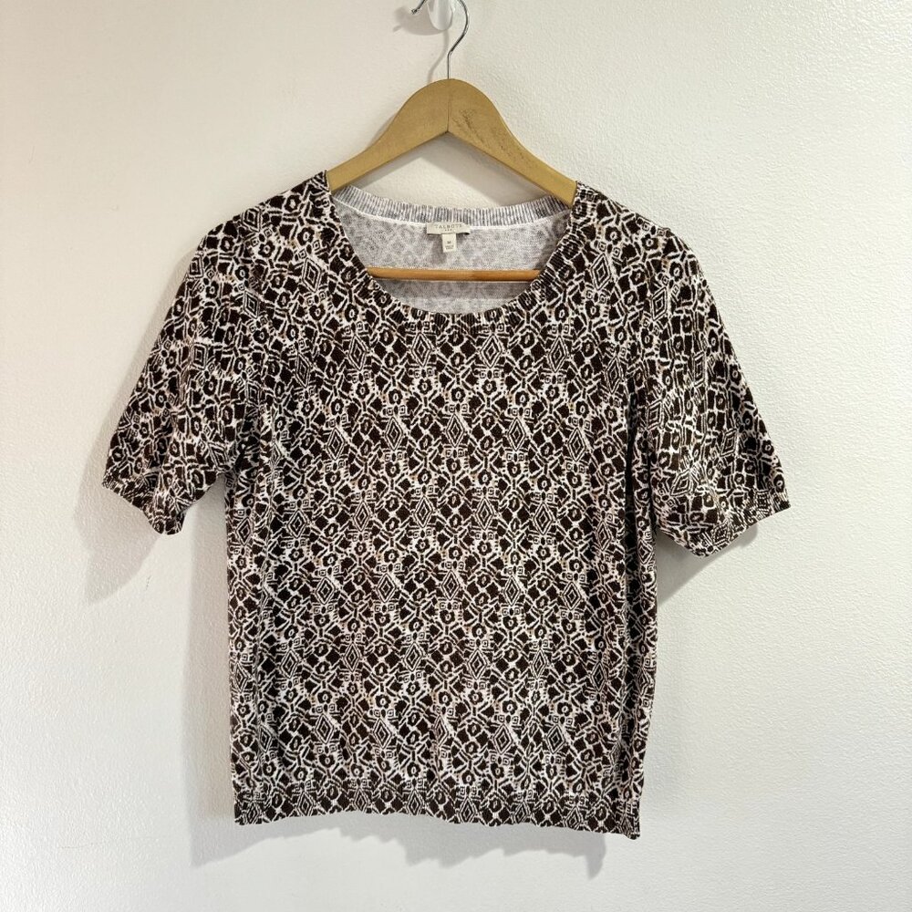 Talbots Sweater Shirt M Brown White Knit Short Sleeve Geometric Cotton Boho